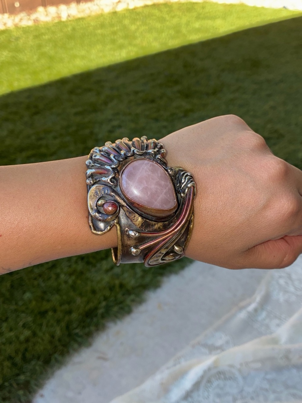 Handcrafted Rose Quartz Statement Cuff Bracelet - Pink Stone
